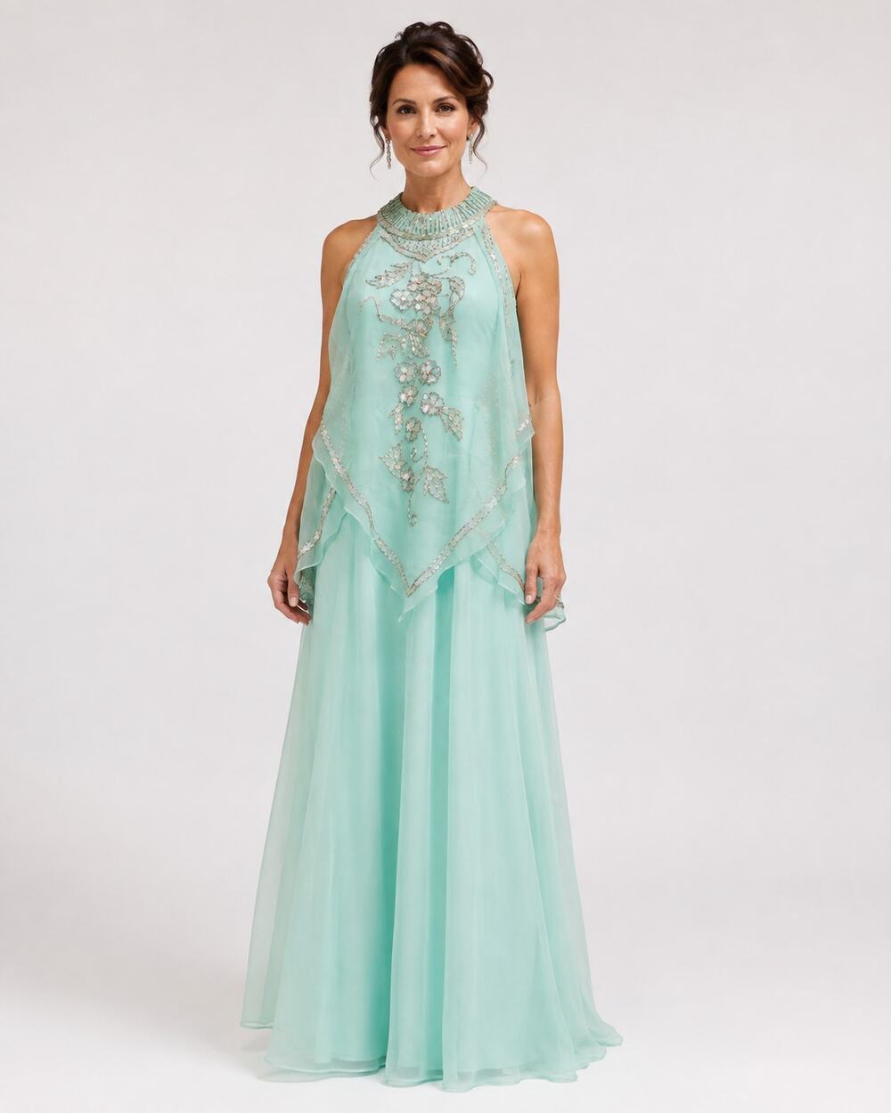 Vintage 1970s Aqua Chiffon Beaded Sequin Cape Gown Dress XS S 32 Bust
